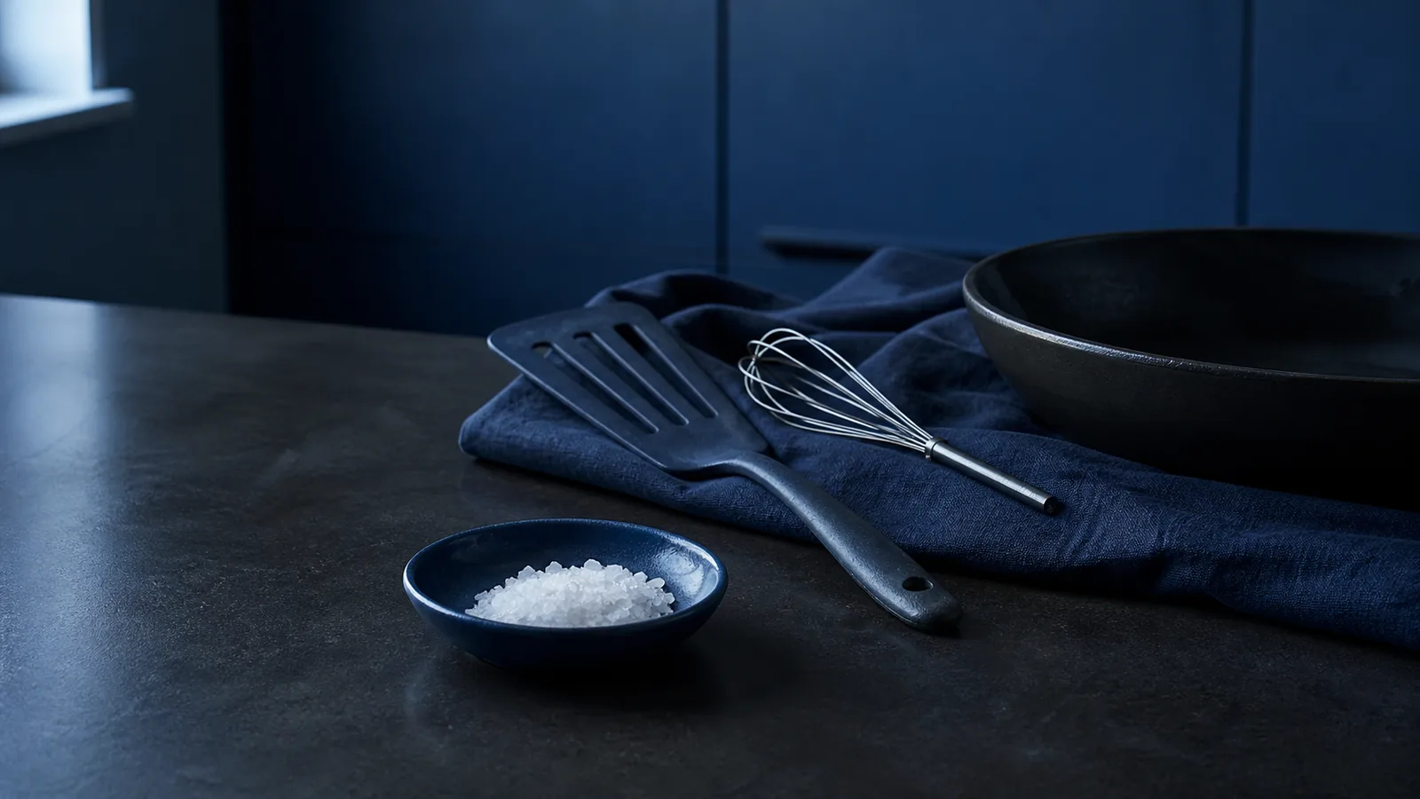 조리를 마치고 정리된 어두운 조리대와 소금 종지