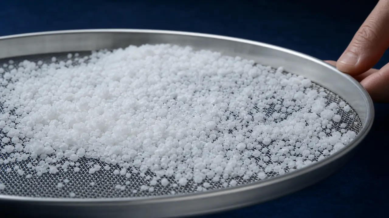 An adult hand selecting dry salt crystals on a round sieve