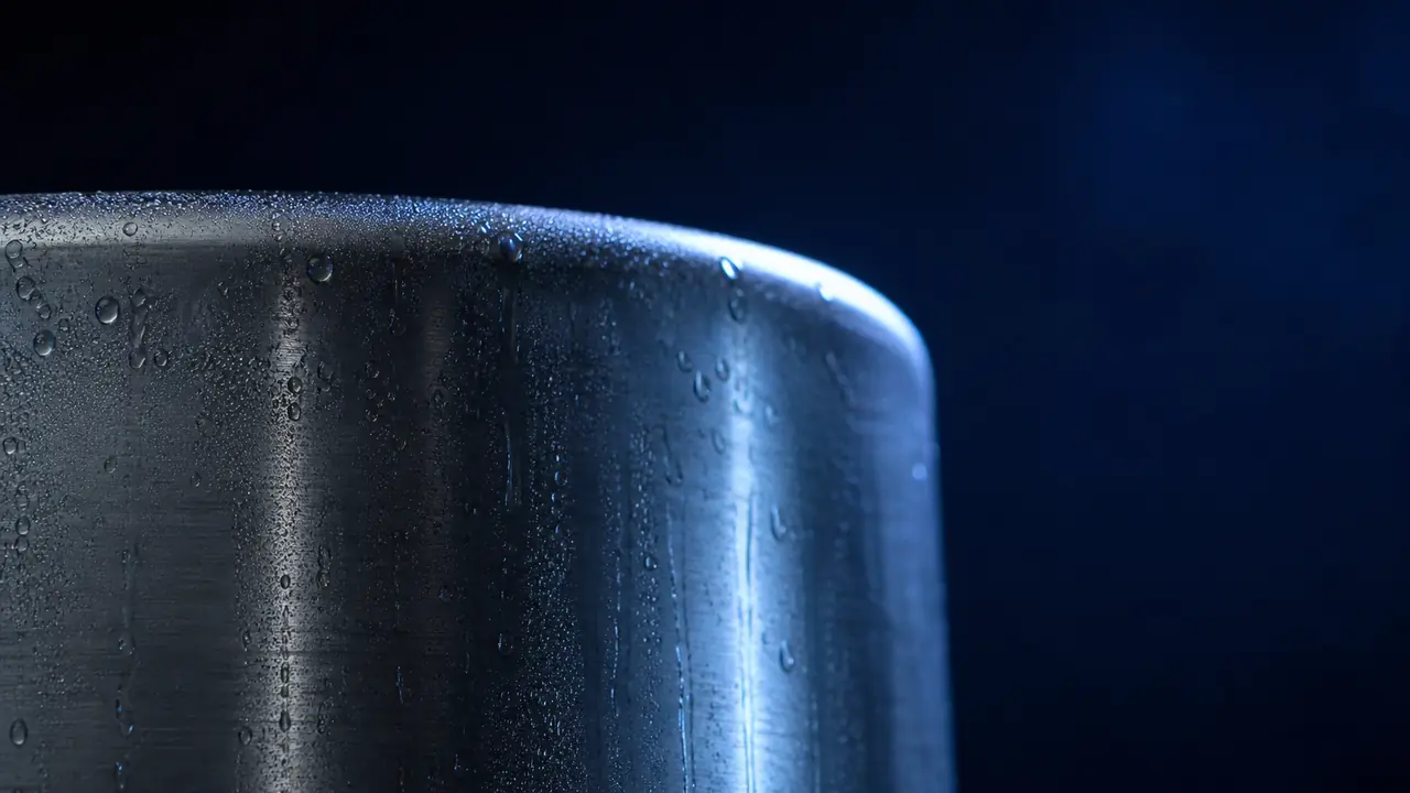Water droplets and condensation on an unmarked stainless-steel surface at water-intake equipment