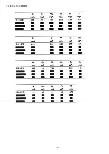 미세플라스틱·무기원소 성적서 (7/7), 시료명 원수1호공: 한국기초과학지원연구원 시험결과 면